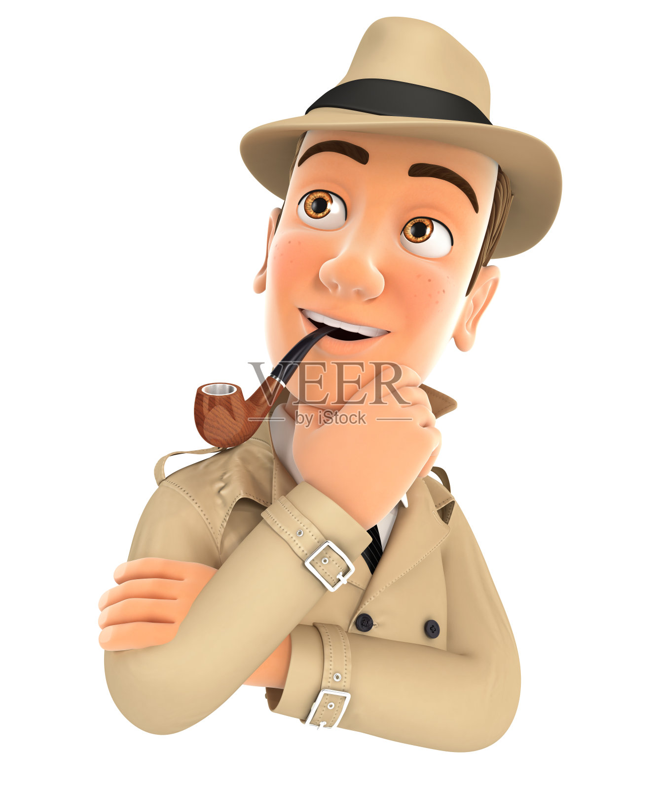 3d侦探思考和抽烟斗照片摄影图片