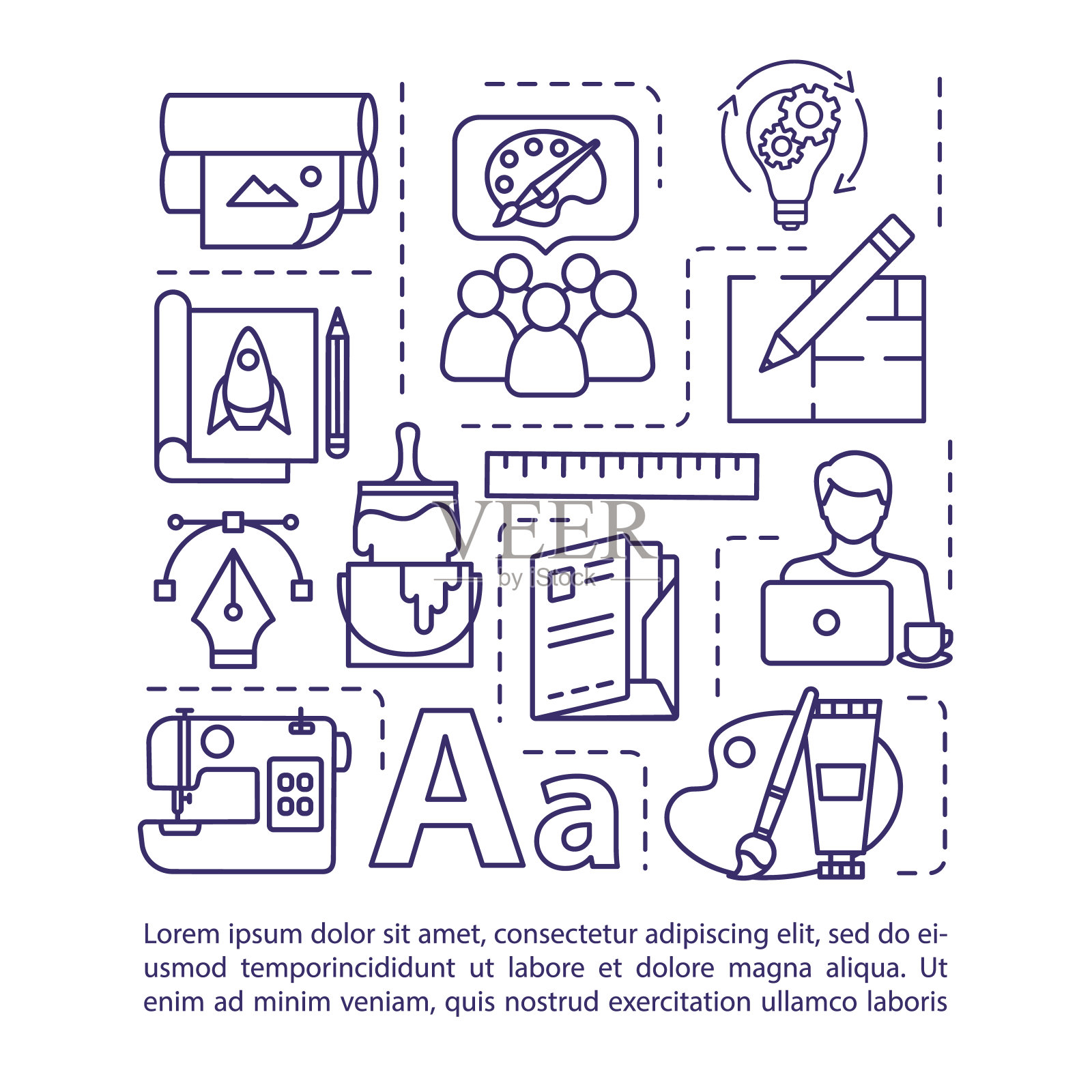 带有文本的设计工作室概念图标。创意机构。项目理念的团队协作。PPT页面矢量模板。宣传册,杂志,小册子设计元素与线性插图图标素材