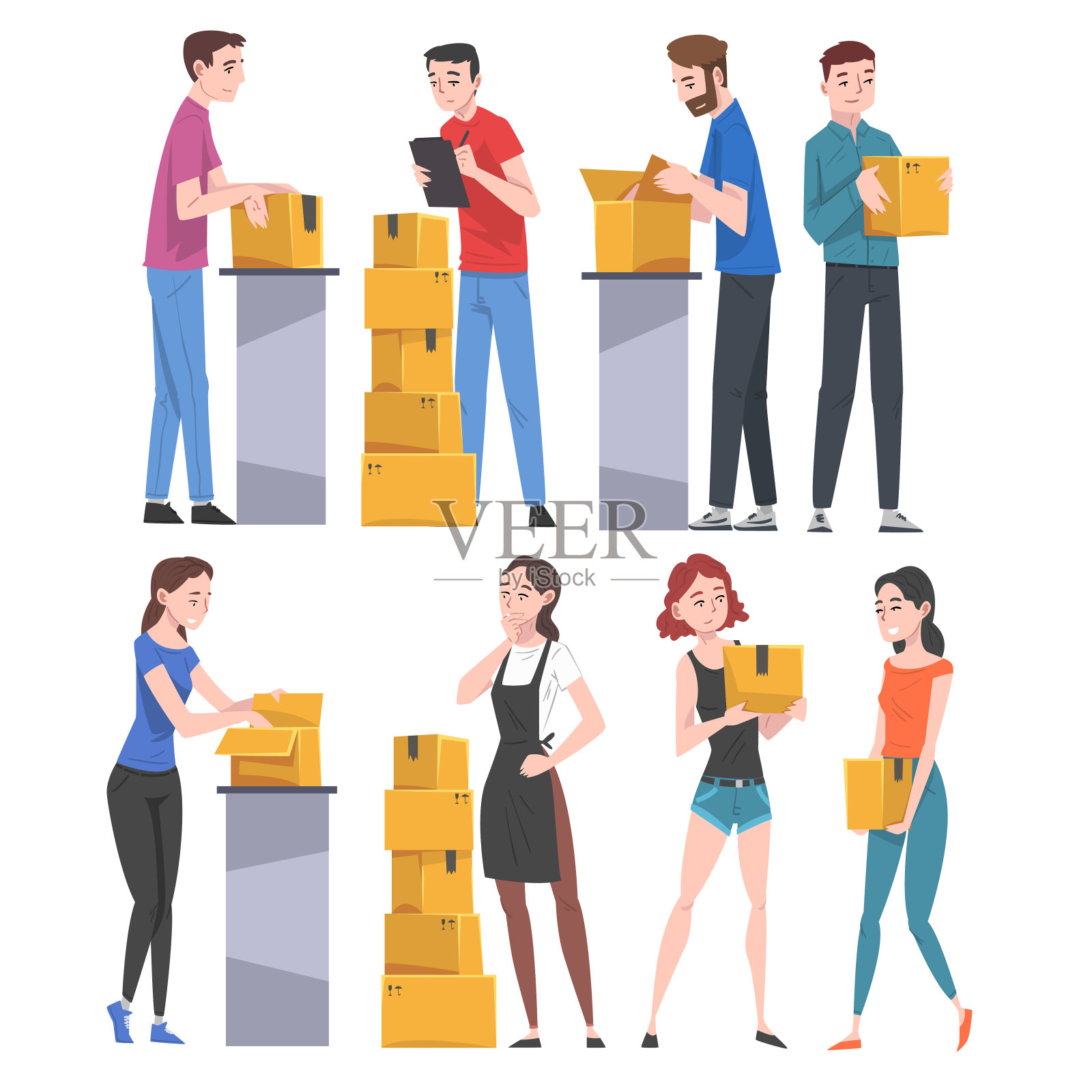 人们包装和检查纸板箱组,男和女工人准备货物发送卡通矢量插图插画图片素材