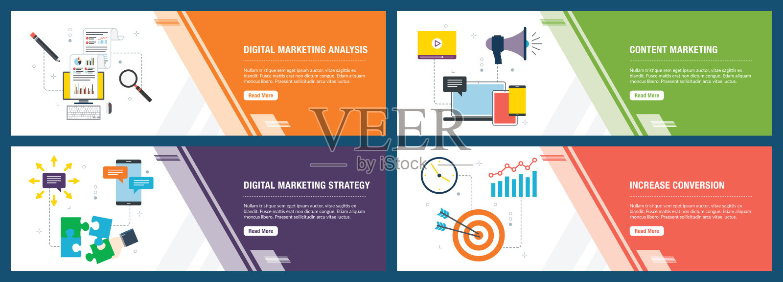 互联网横幅设置营销数字,分析和战略图标。Web横幅模板与图标集的业务,沟通,战略和财务。插画图片素材