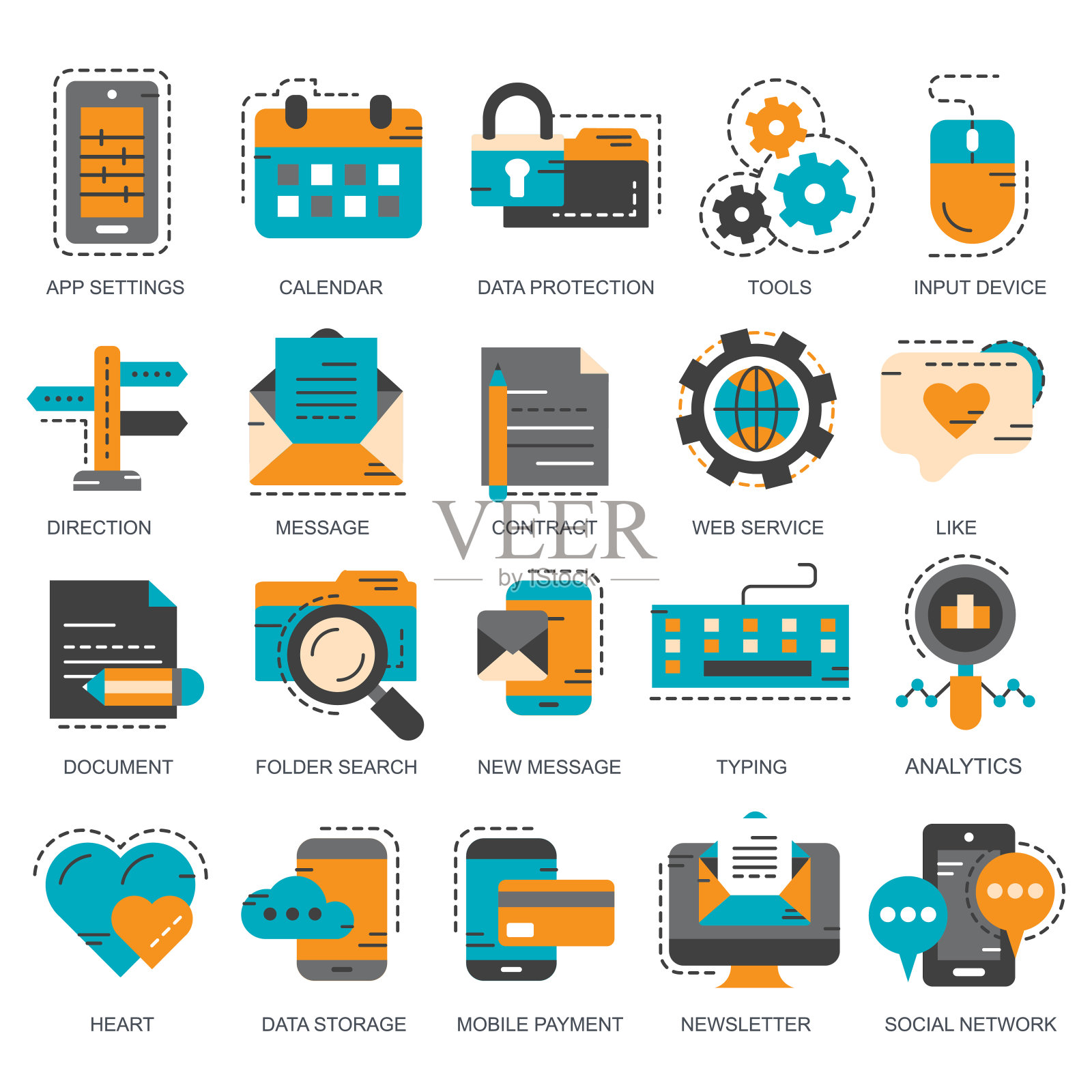 商业和营销,编程,数据管理,互联网连接,社交网络,计算,信息。平面向量插图图标素材