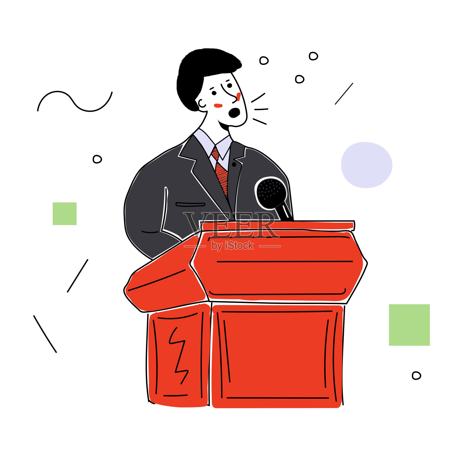 一个穿着西装的人在讲台后面发表演讲。矢量插图与轮廓在手绘风格。卡通图片插画图片素材