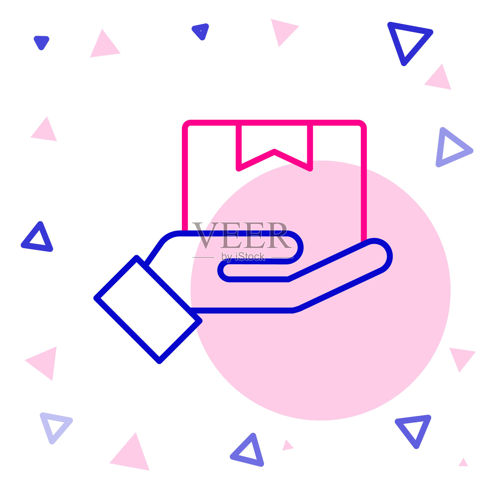 线交付手与纸板箱图标隔离在白色背景。快递送货上门。色彩斑斓的轮廓的概念。矢量图插画图片素材