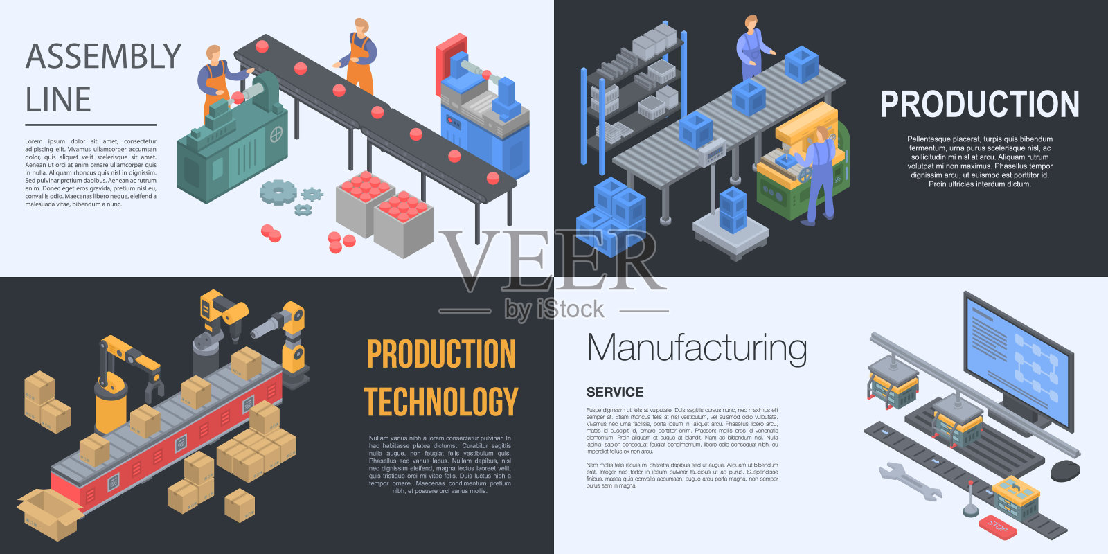 装配线制造横幅套,等距造型插画图片素材