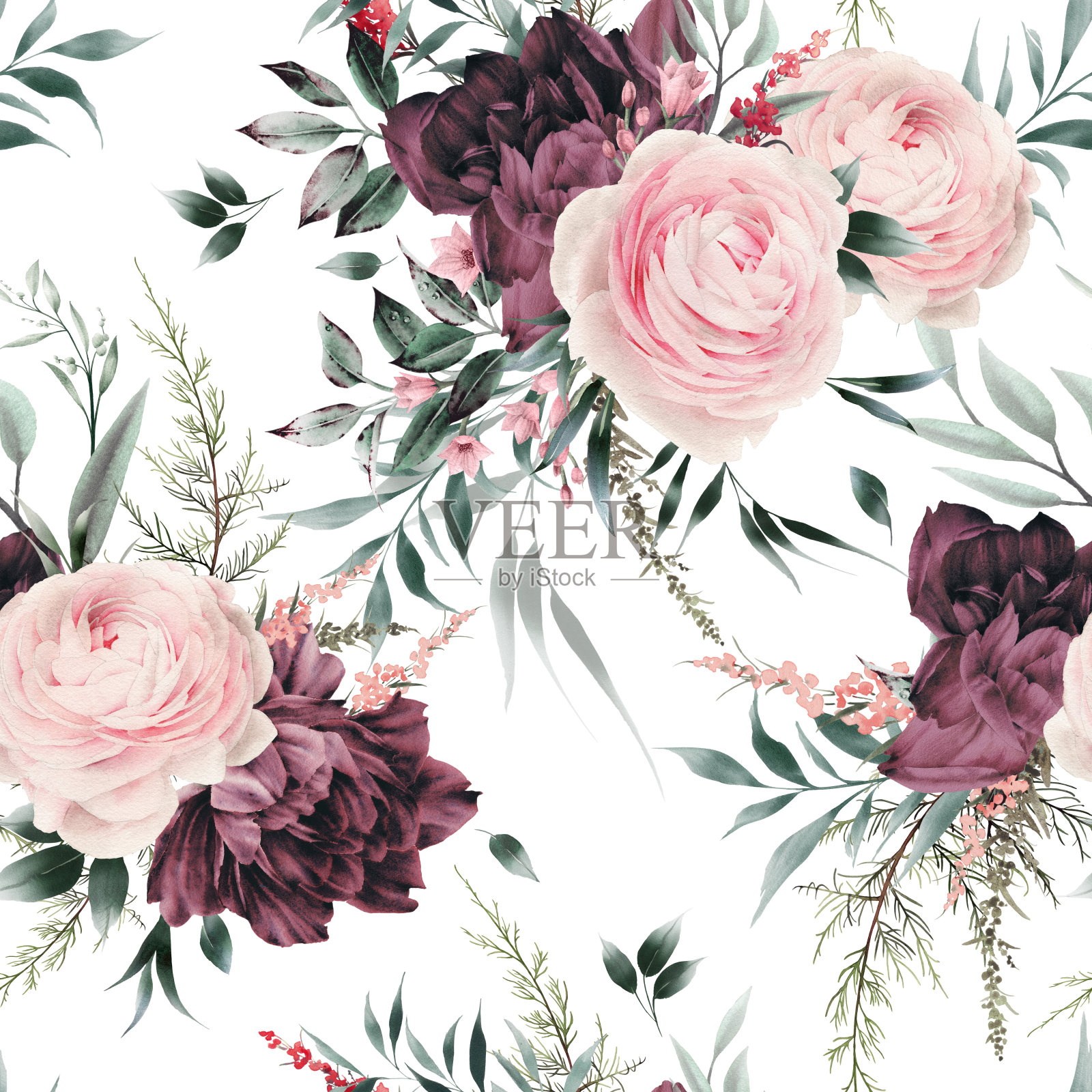 无缝花卉图案与夏季背景,水彩。模板设计的纺织品,室内,衣服,墙纸。植物的艺术插画图片素材