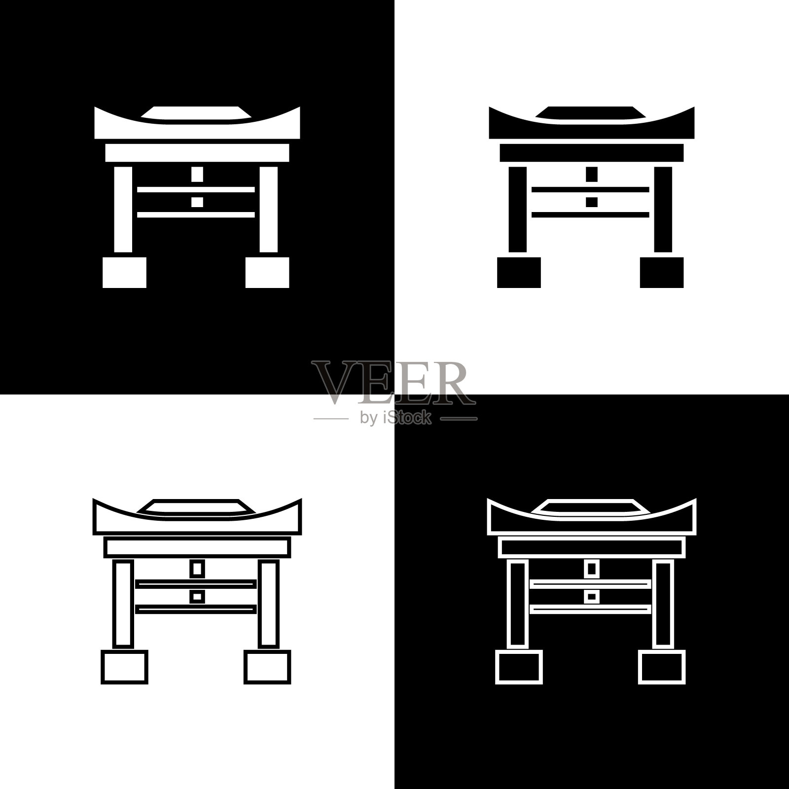 设置日本门图标隔离在黑色和白色背景。鸟居的迹象。日本传统古典大门符号。矢量图插画图片素材