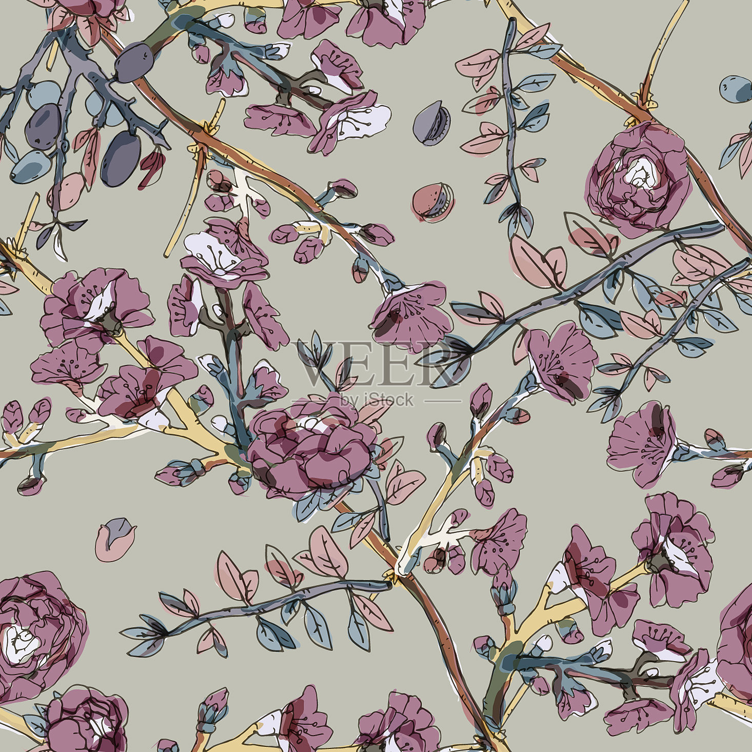 图案与樱花花木无缝衔接插画图片素材