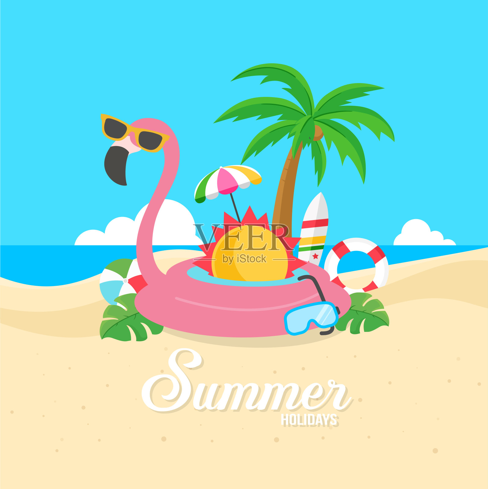 夏季背景与火烈鸟玩具。矢量图插画图片素材