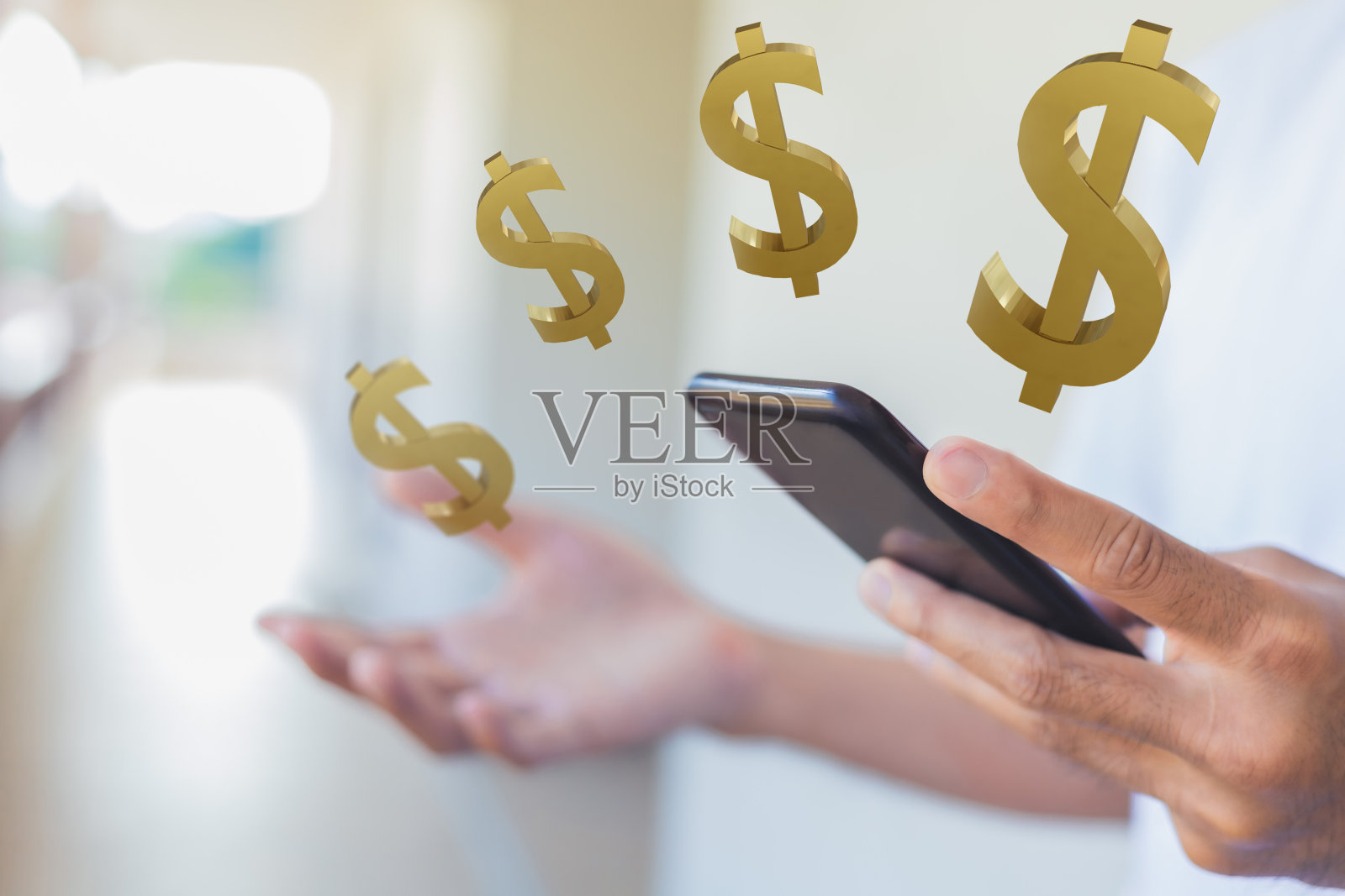 男子手持智能手机从应用程序工作。他从事金融、金融经济、证券交易所业务、网上商务和网上购物。在家工作概念混合3D渲染照片摄影图片