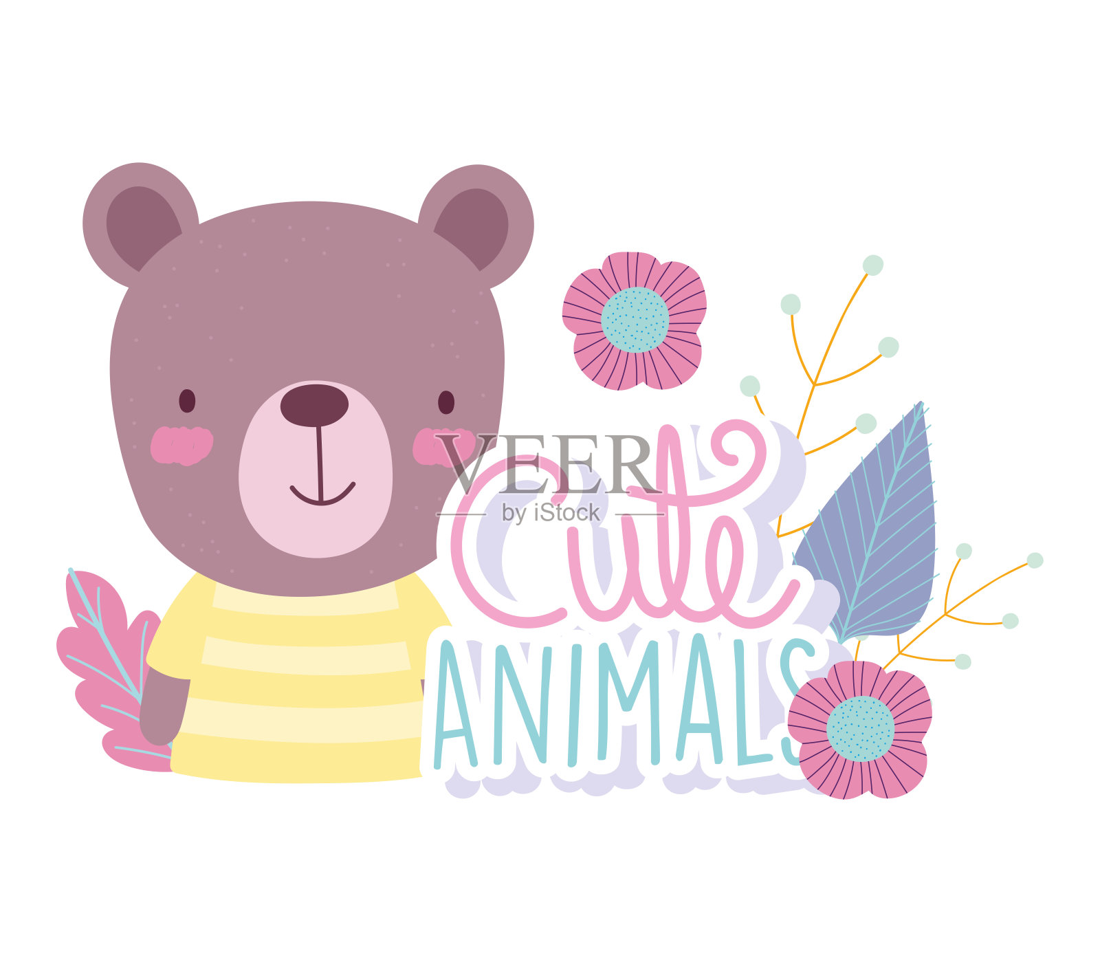 小熊卡通可爱的动物人物,花朵自然设计插画图片素材
