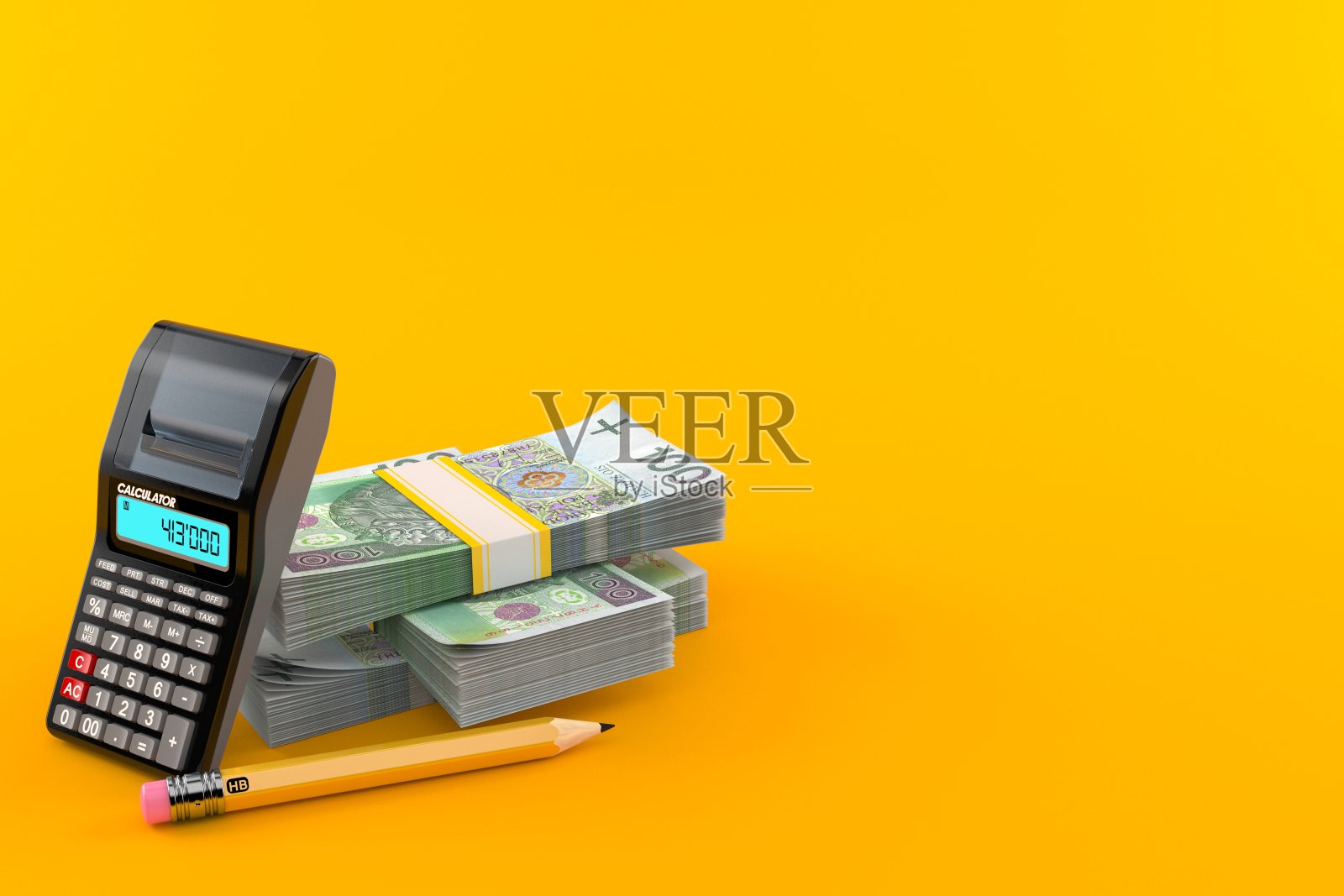 波兰货币,计算器和铅笔照片摄影图片