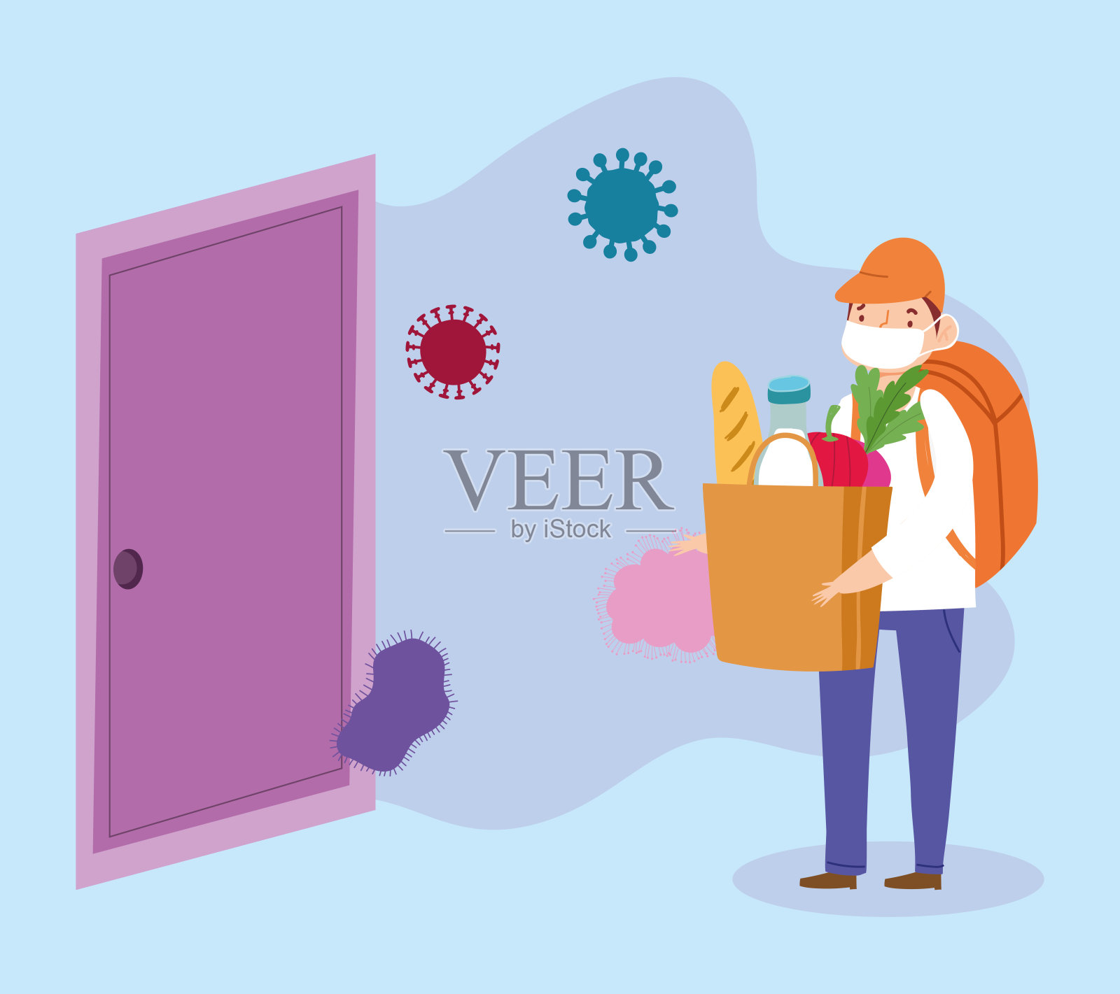 2019冠状病毒病期间在家安全送货,男孩提着购物袋在门屋卡通插画图片素材