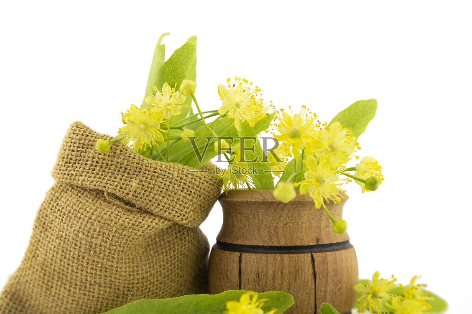 麻袋和木罐的椴树花照片摄影图片