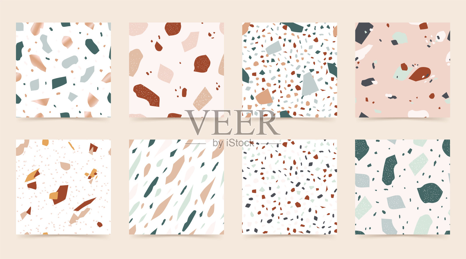 设置抽象水磨石无缝图案与黄金碎片在灯光背景。仿大理石纹理配石材。现代极简主义背景的地板和瓷砖设计。矢量图插画图片素材