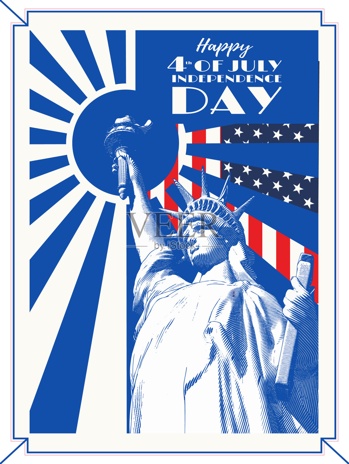 自由女神在阳光照耀下复古风格庆祝独立日插画图片素材