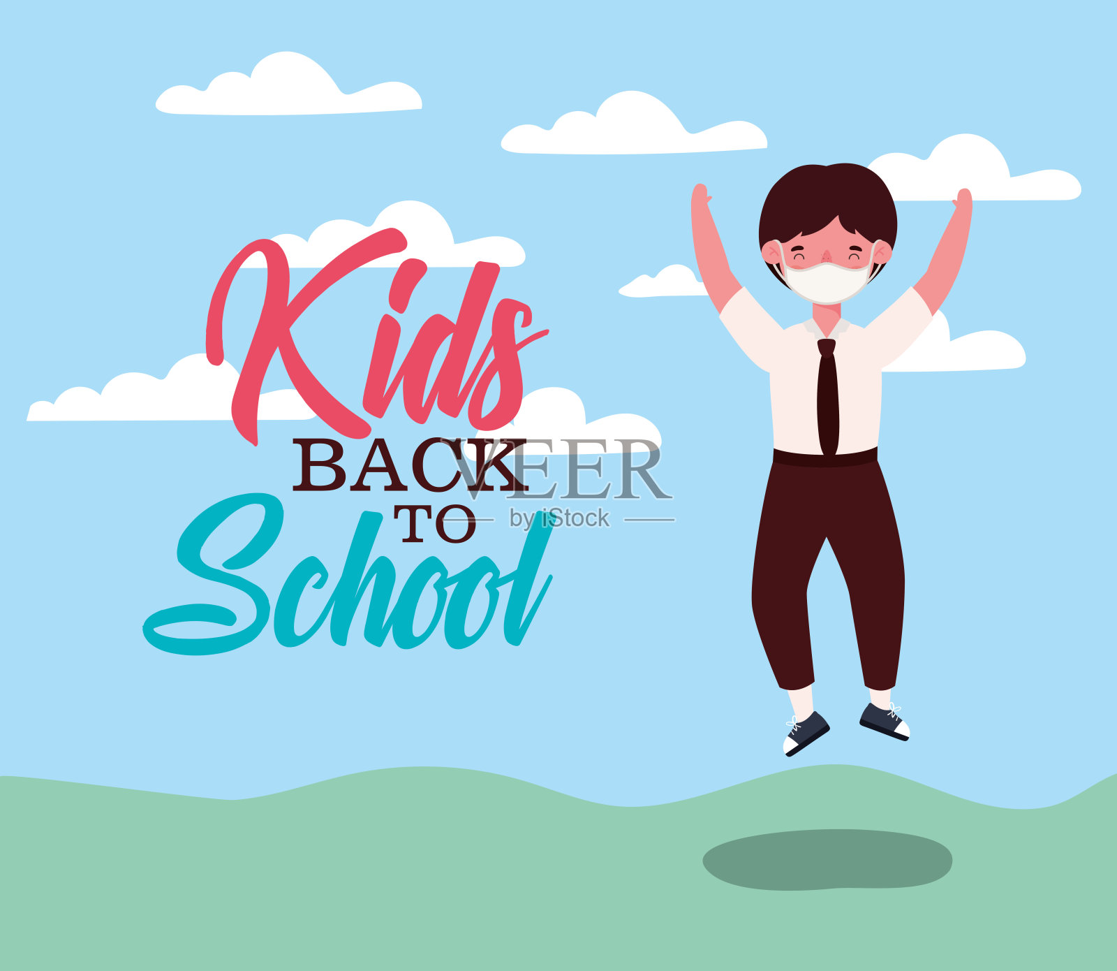 男孩跳跃与医疗面具矢量设计插画图片素材