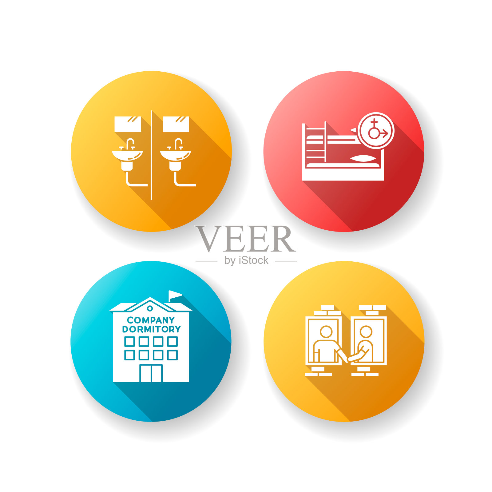 公司宿舍平面设计长影字形图标集。公共浴室。混合的卧室。社区。共享的房间。常见的空间。企业生活住宿。剪影RGB彩色插图图标素材