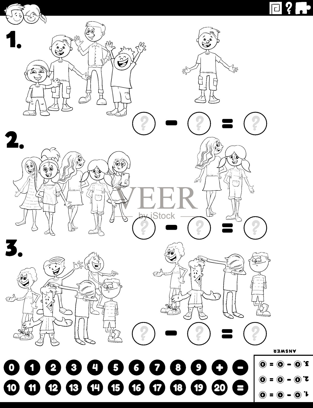 减法教育任务与儿童彩绘书页插画图片素材