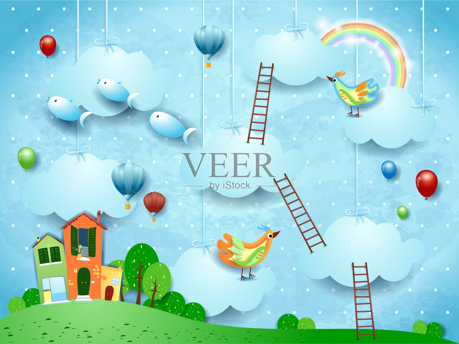 有村庄、楼梯、气球、鸟和飞鱼的超现实景观插画图片素材