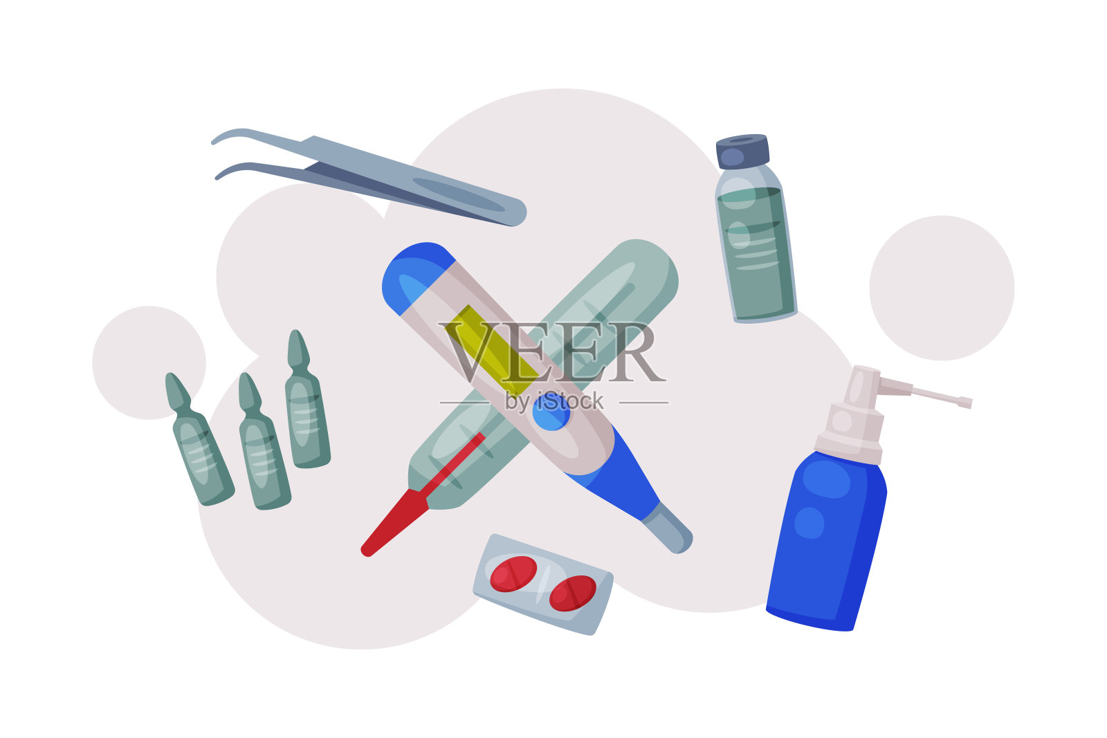 采购产品医疗设备和药物,急救箱和紧急服务医疗用品健康治疗组平面矢量插图插画图片素材