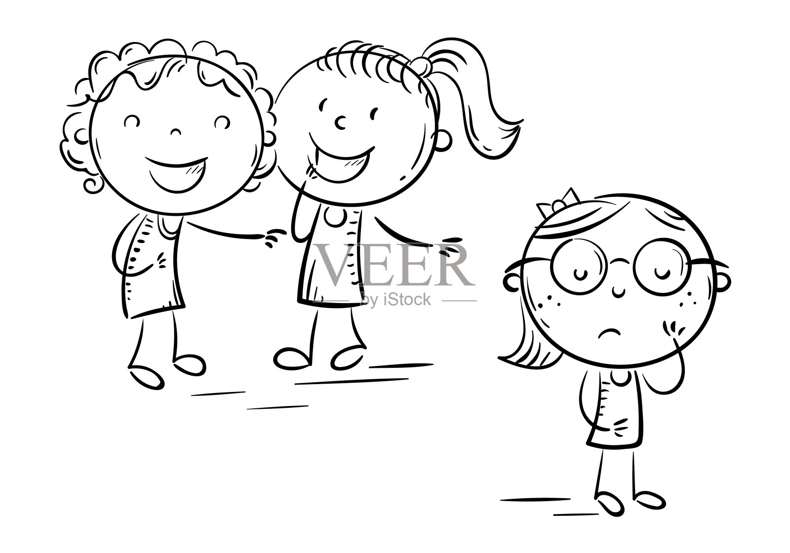 孩子们笑着指着害羞的戴眼镜的女孩,恃强凌弱,乱画轮廓插画图片素材