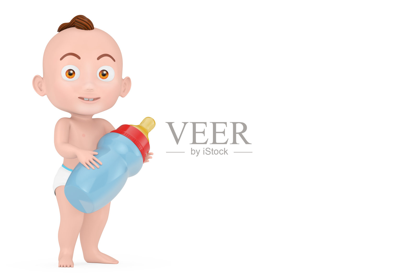 卡通可爱的小男孩和婴儿奶瓶。3d渲染照片摄影图片