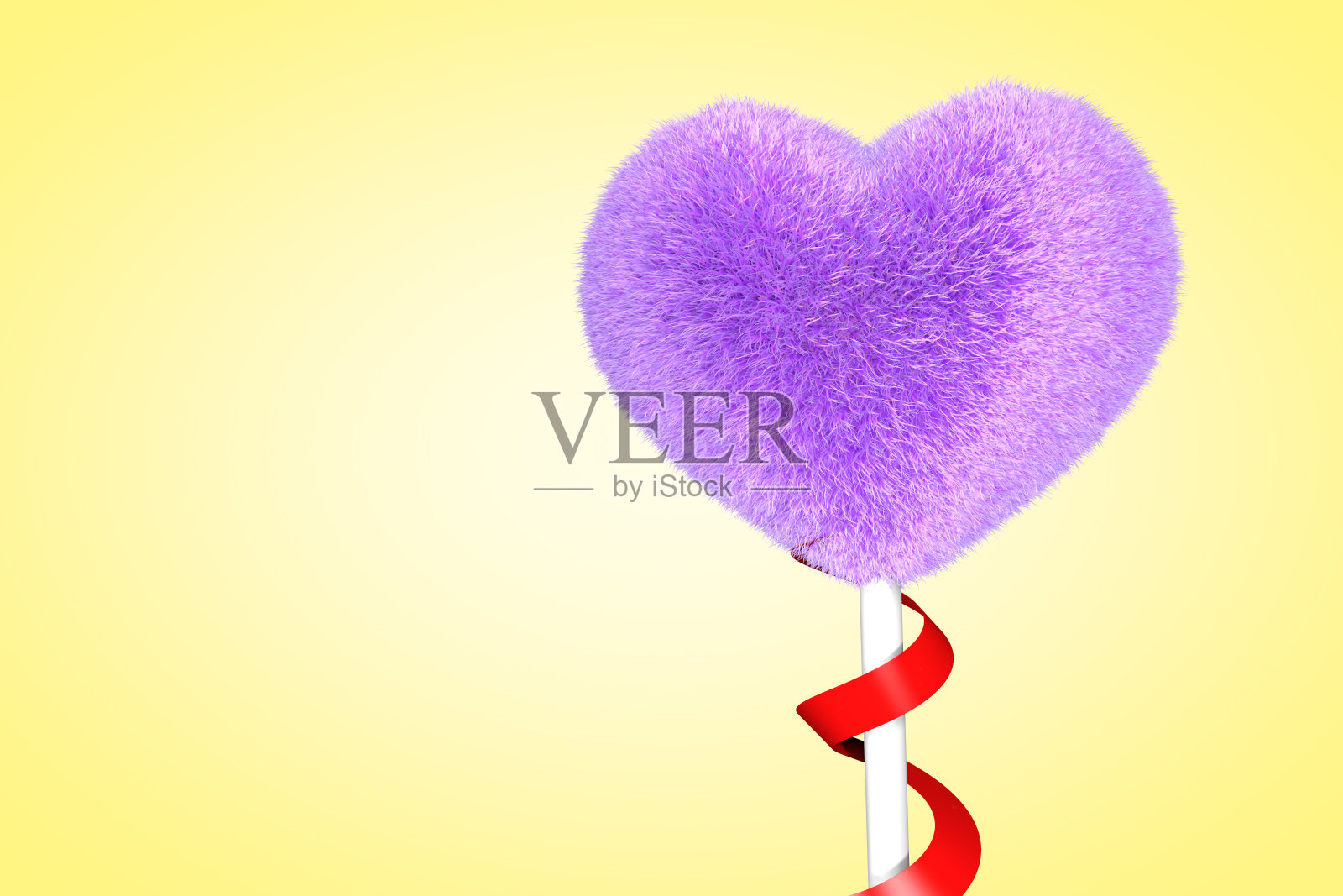 毛茸茸的心。心形来自红色的皮毛。3d渲染图孤立在黄色背景上照片摄影图片
