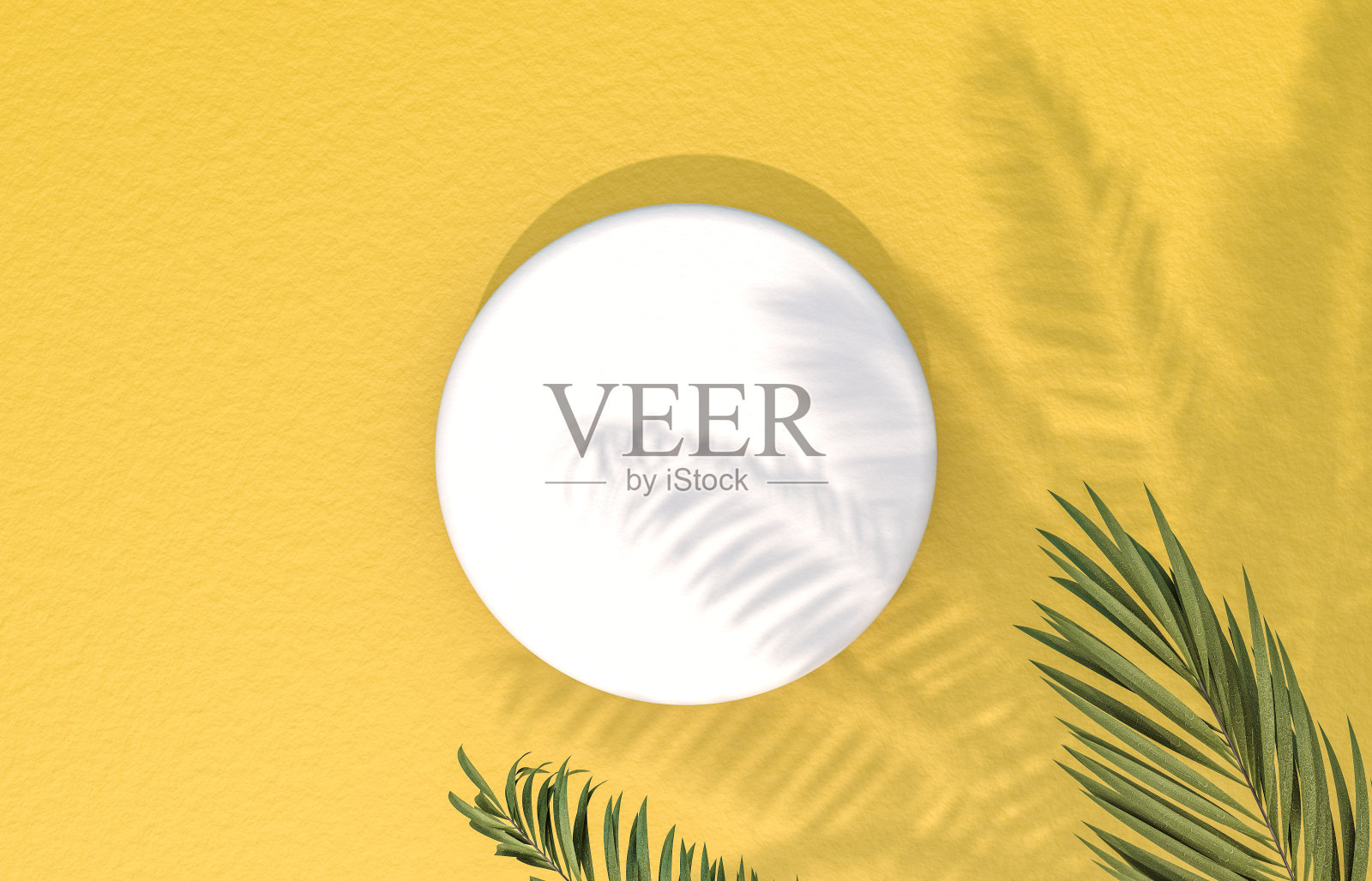 自然的白色圆柱盒子在黄色的混凝土地板背景与热带棕榈叶。产品展示。照片摄影图片