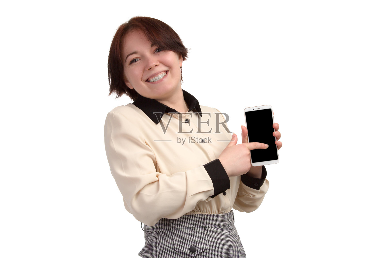 年轻的办公室女商人穿着成熟的短上衣和短发照片摄影图片