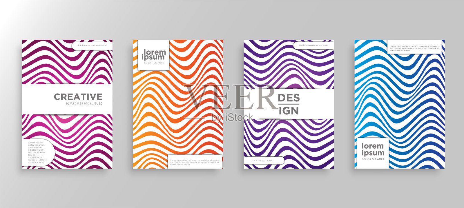 四套最小封面设计。彩色波浪线梯度。现代的网页背景模板设计。很酷的梯度。未来的几何图案。Eps10向量。设计模板素材