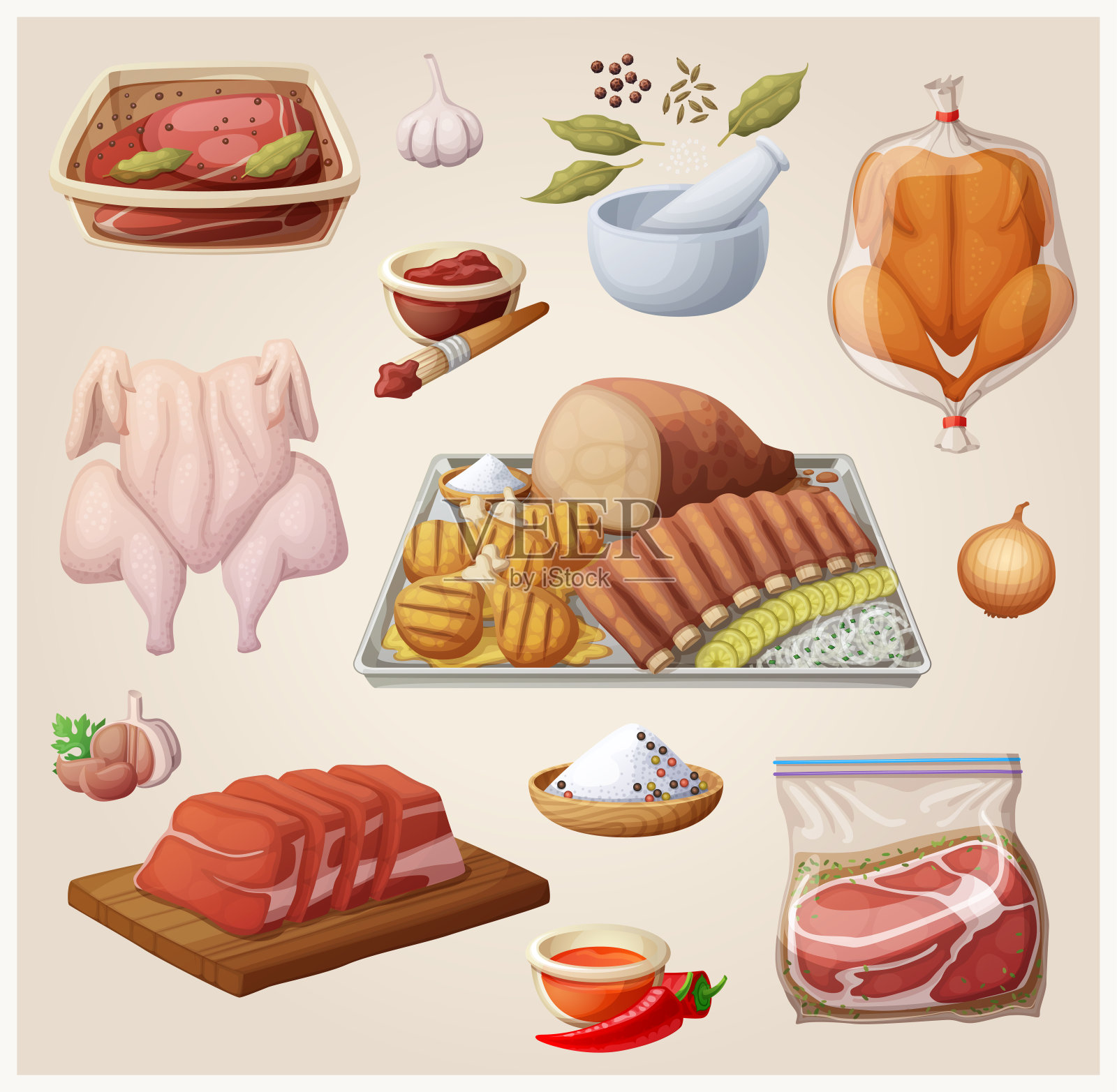 一套肉类配料的德州烧烤混合插画。卡通矢量食物图标的烧烤烹饪收集插画图片素材