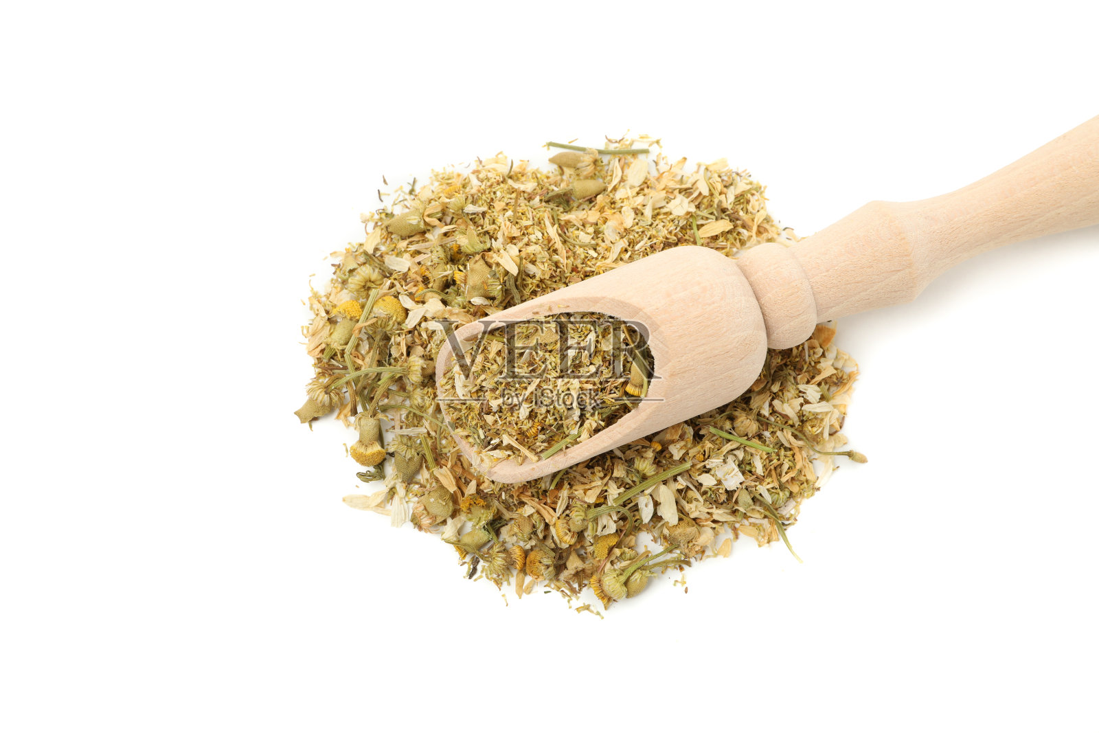 木勺与干洋甘菊孤立在白色背景照片摄影图片