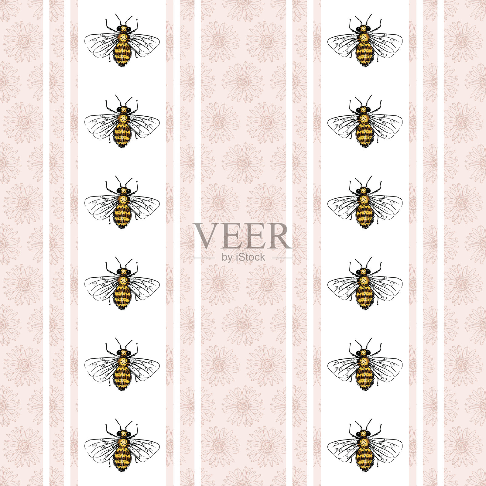 雏菊和蜜蜂矢量条纹无缝模式插画图片素材