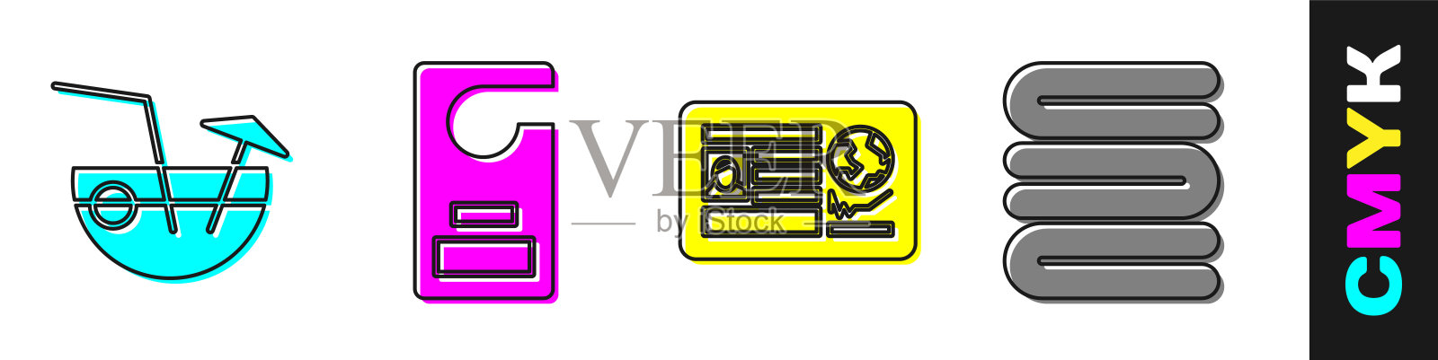 设置椰子鸡尾酒,请勿打扰,护照有签证盖章和毛巾堆图标。向量图标素材