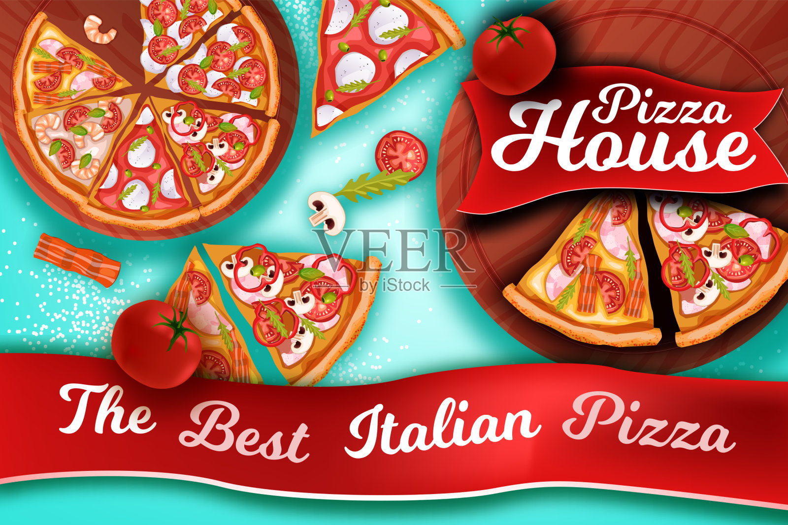 最好的意大利披萨横幅在现实风格与辣香肠片,玛格丽特,番茄,马苏里拉奶酪,红丝带。设计模板素材