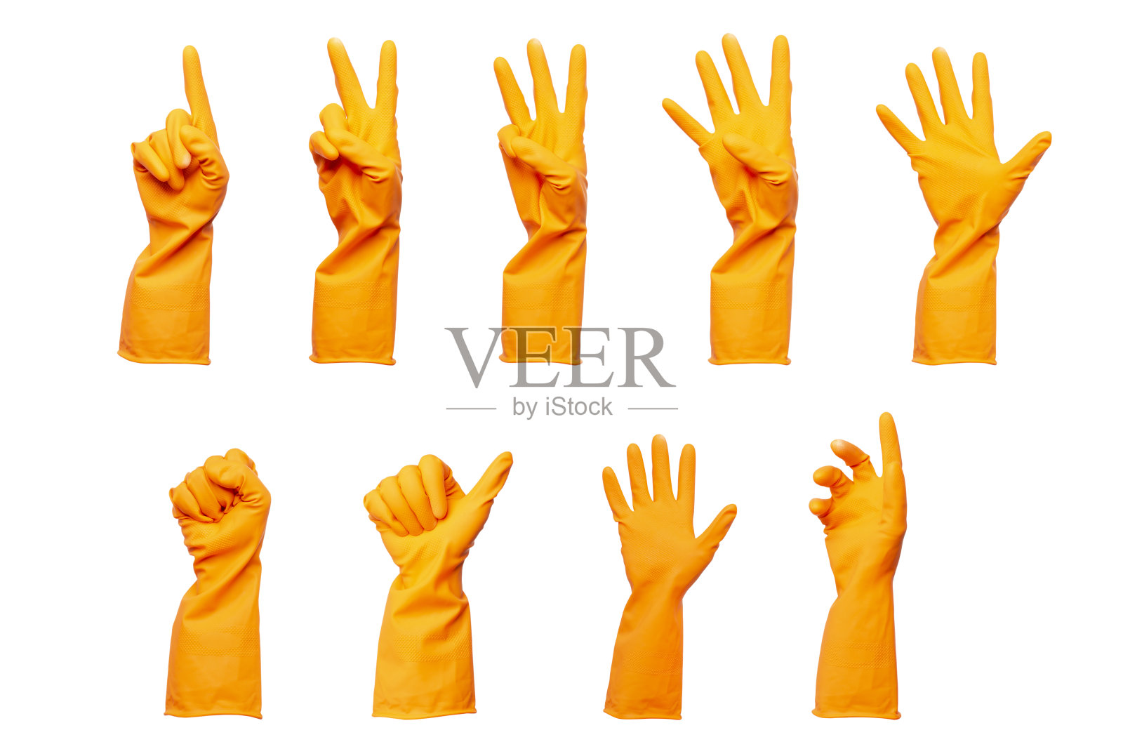 一套保护橙色橡胶手套隔离在白色背景。照片摄影图片