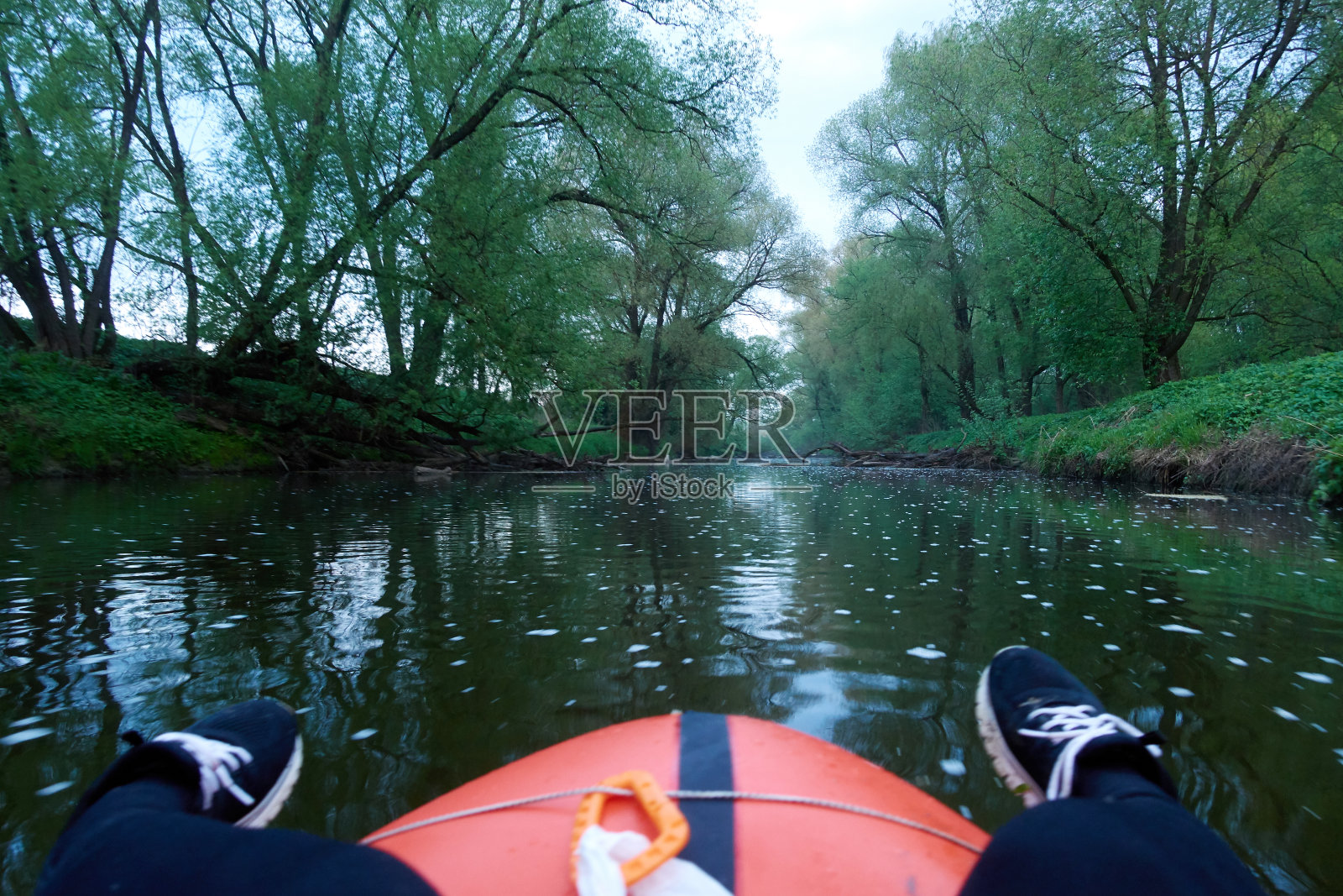 在一个夏天的傍晚,绿树和河岸的倒影在一条平静的河上。照片摄影图片