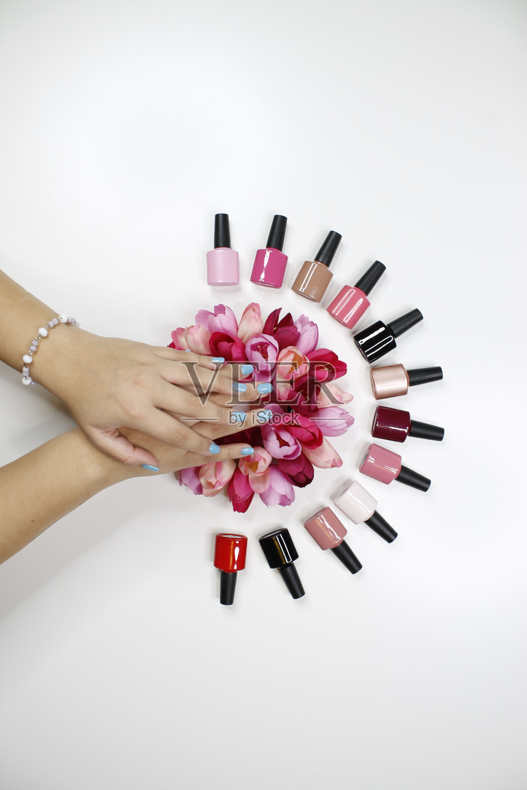 啫喱指甲油和美丽的手和白色的花背景照片摄影图片