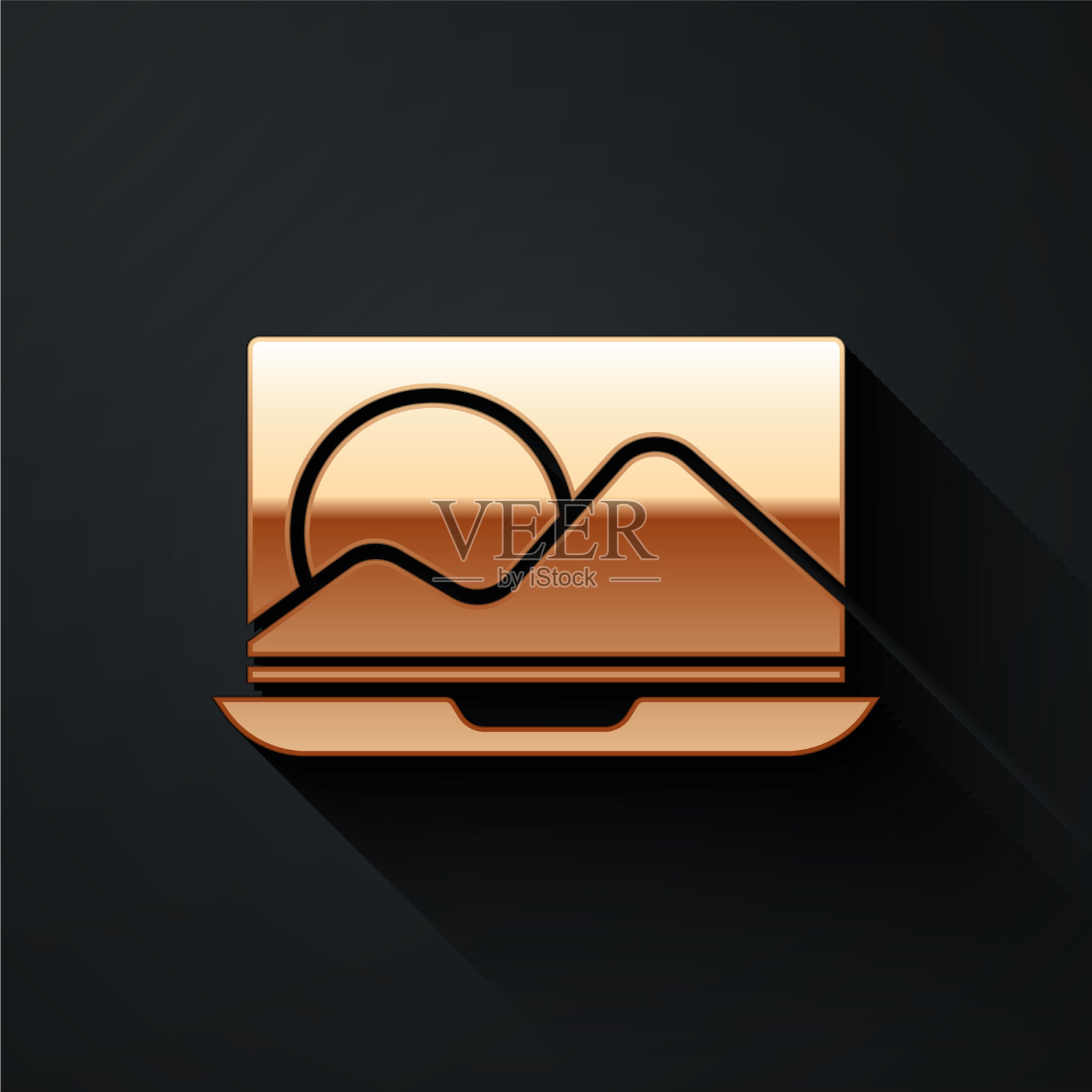 金色笔记本电脑图标孤立在黑色背景图标素材