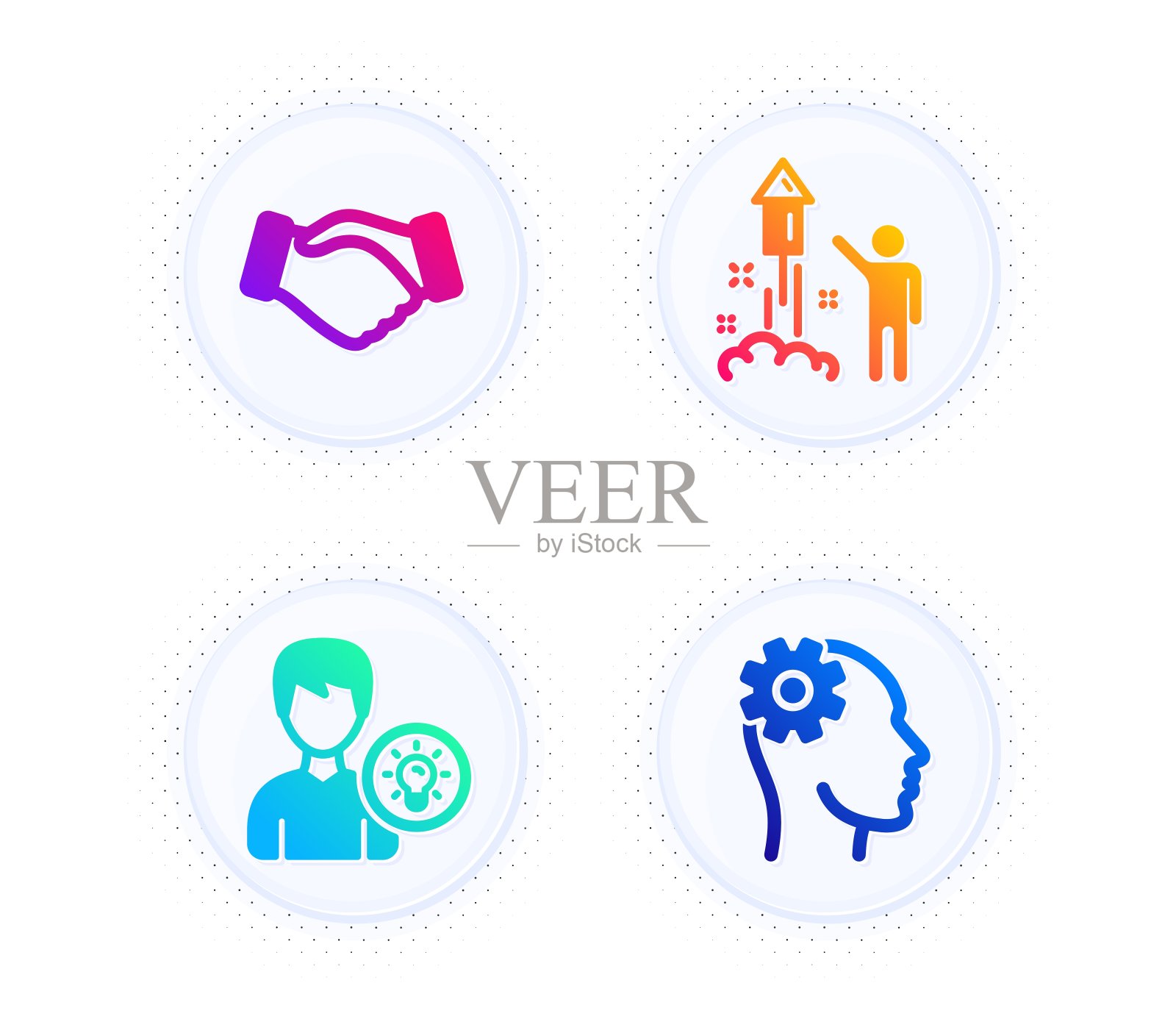 烟花,人的想法和握手图标集。工程的迹象。派对烟火,灯能量,交易手。向量图标素材