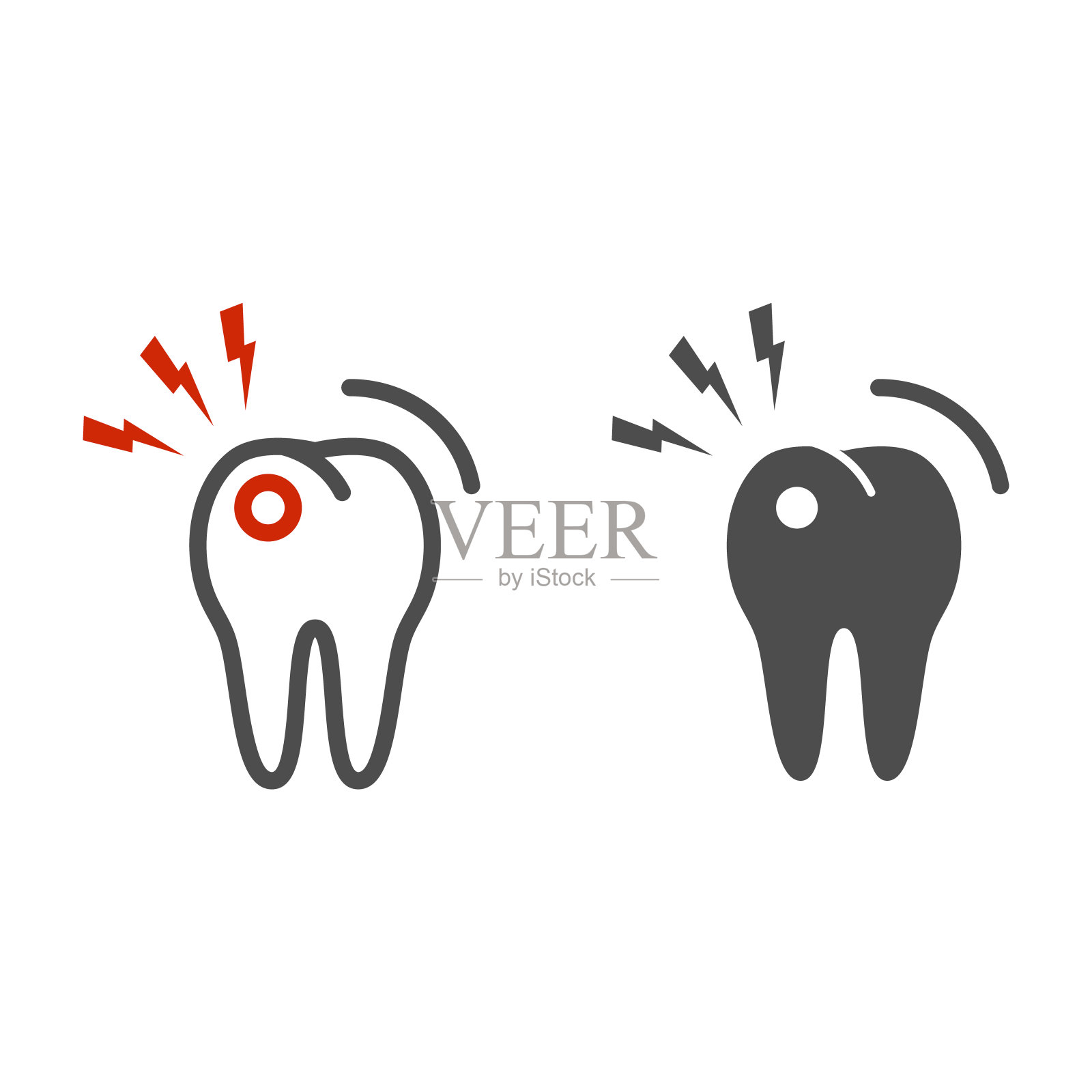 牙痛线和固体图标,牙科保健概念,牙齿与闪电标志在白色背景,牙痛图标轮廓风格的移动概念和网页设计。矢量图形。插画图片素材