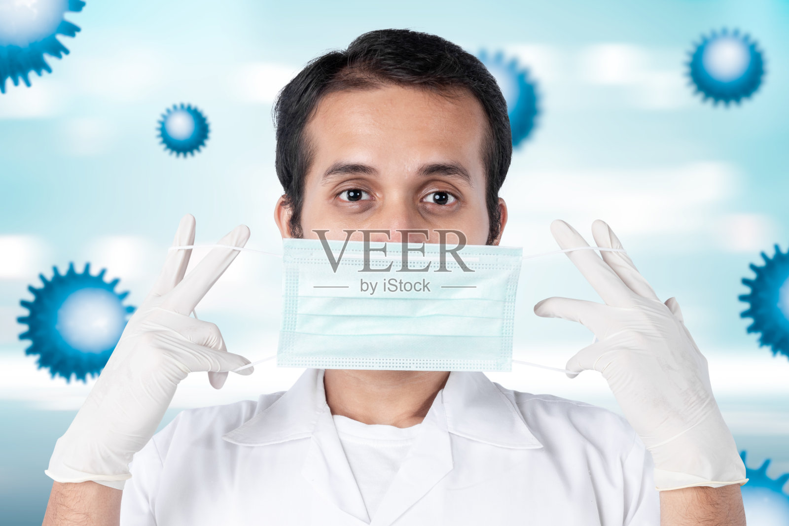 亚洲男子戴着流感口罩阻止冠状病毒传播照片摄影图片