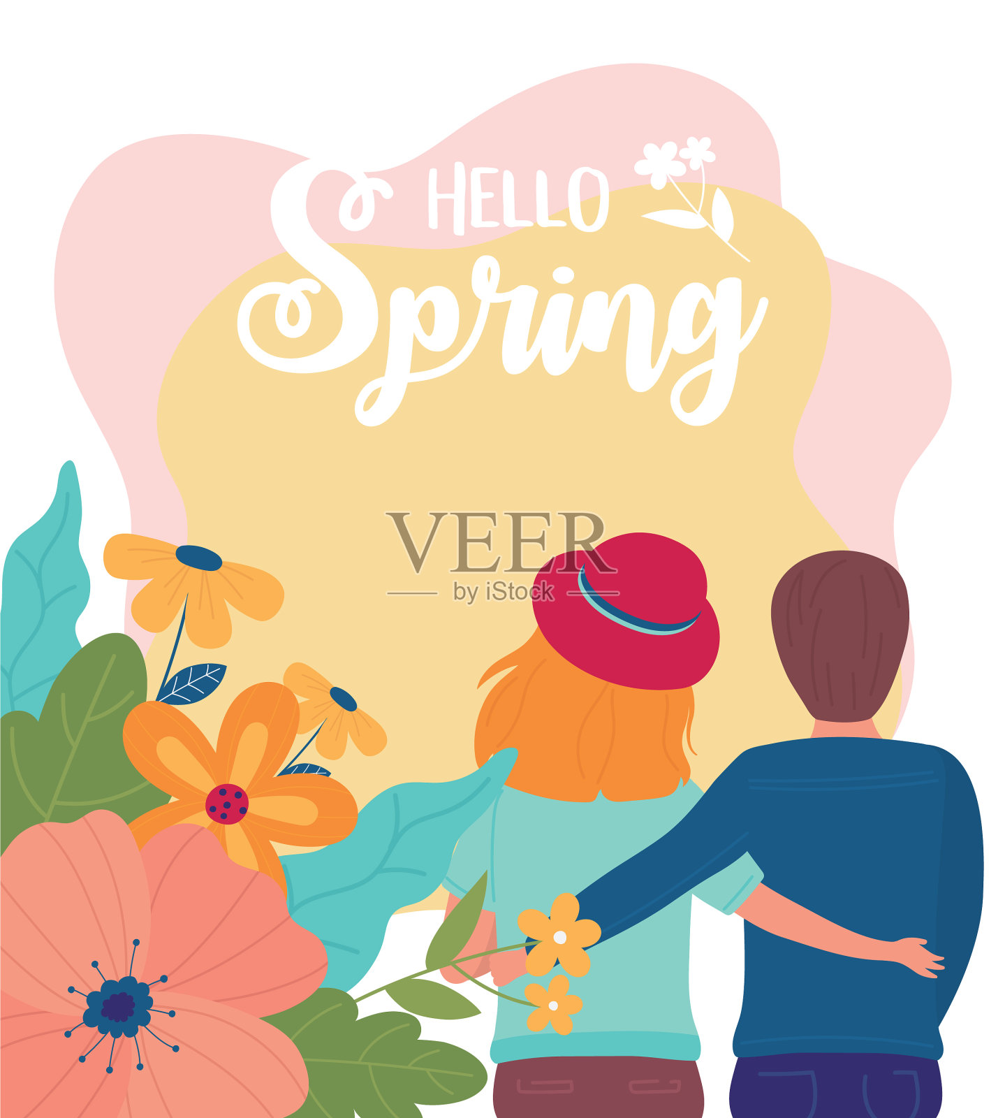 你好春天夫妇卡通浪漫鲜花卡插画图片素材
