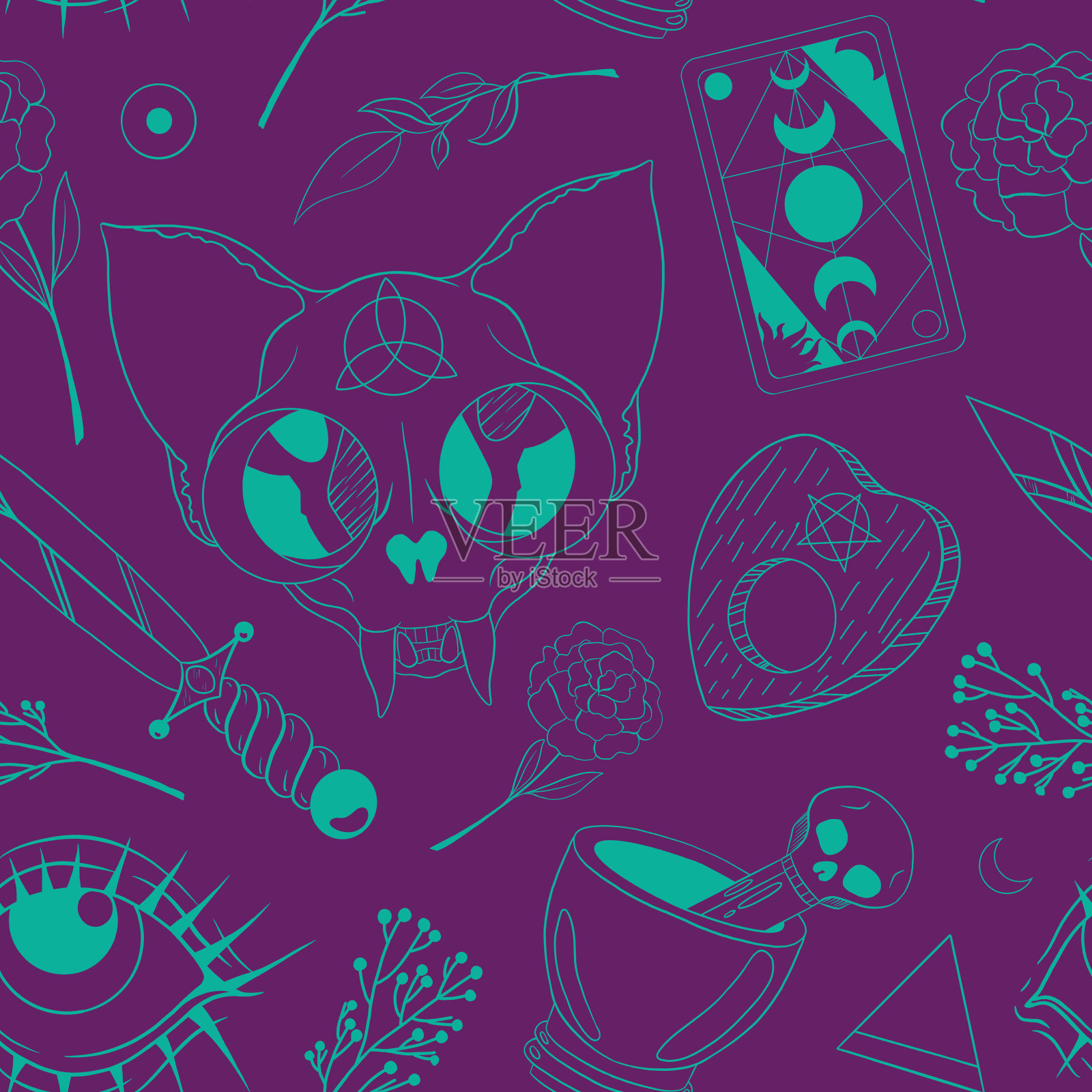 神秘元素和符号,万圣节,魔法。无缝图案涂鸦风格。用于创建装饰,包装纸,织物印刷,明信片。插画图片素材