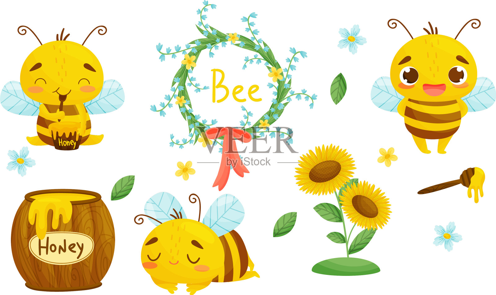可爱的条纹蜜蜂特性和蜂蜜集插画图片素材