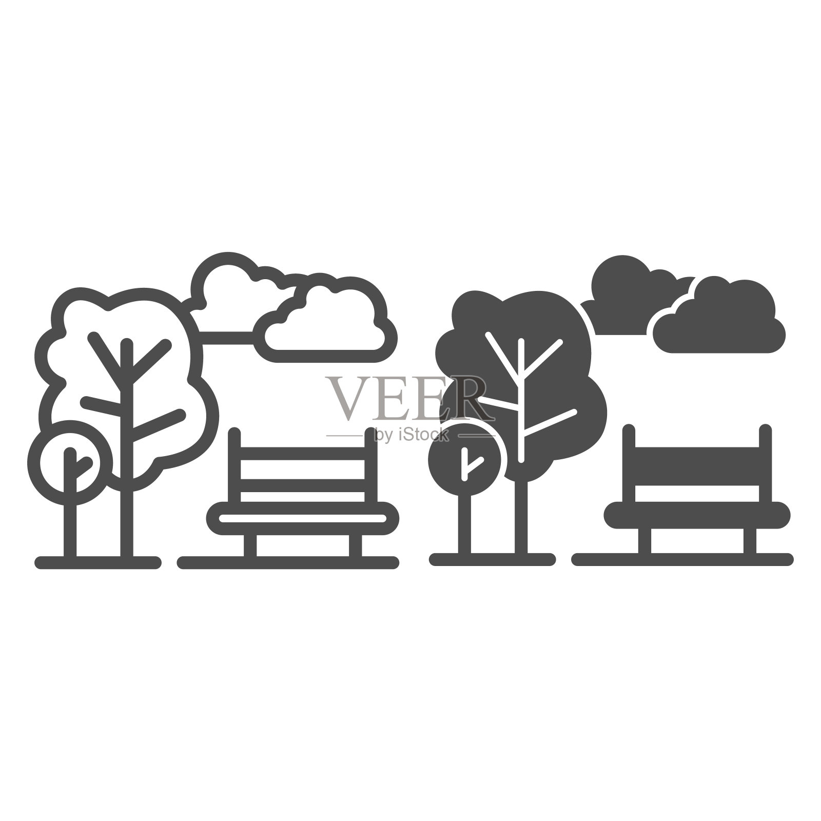 城市公园线和实体图标,自然概念,树木,天空和长凳标志的白色背景,轮廓风格的城市公共场所图标的移动概念和网页设计。矢量图形。插画图片素材