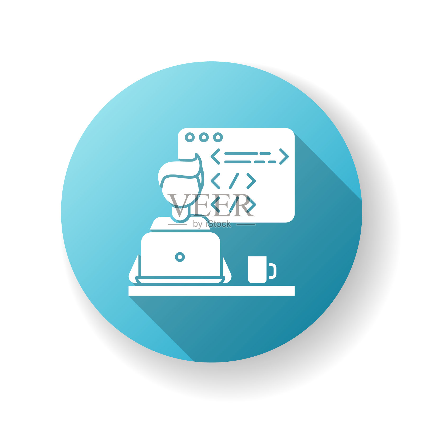 网页开发人员蓝色平面设计长阴影字形图标。计算机软件开发,PC应用程序设计。编程,编码和UI设计过程。剪影RGB彩色插图插画图片素材