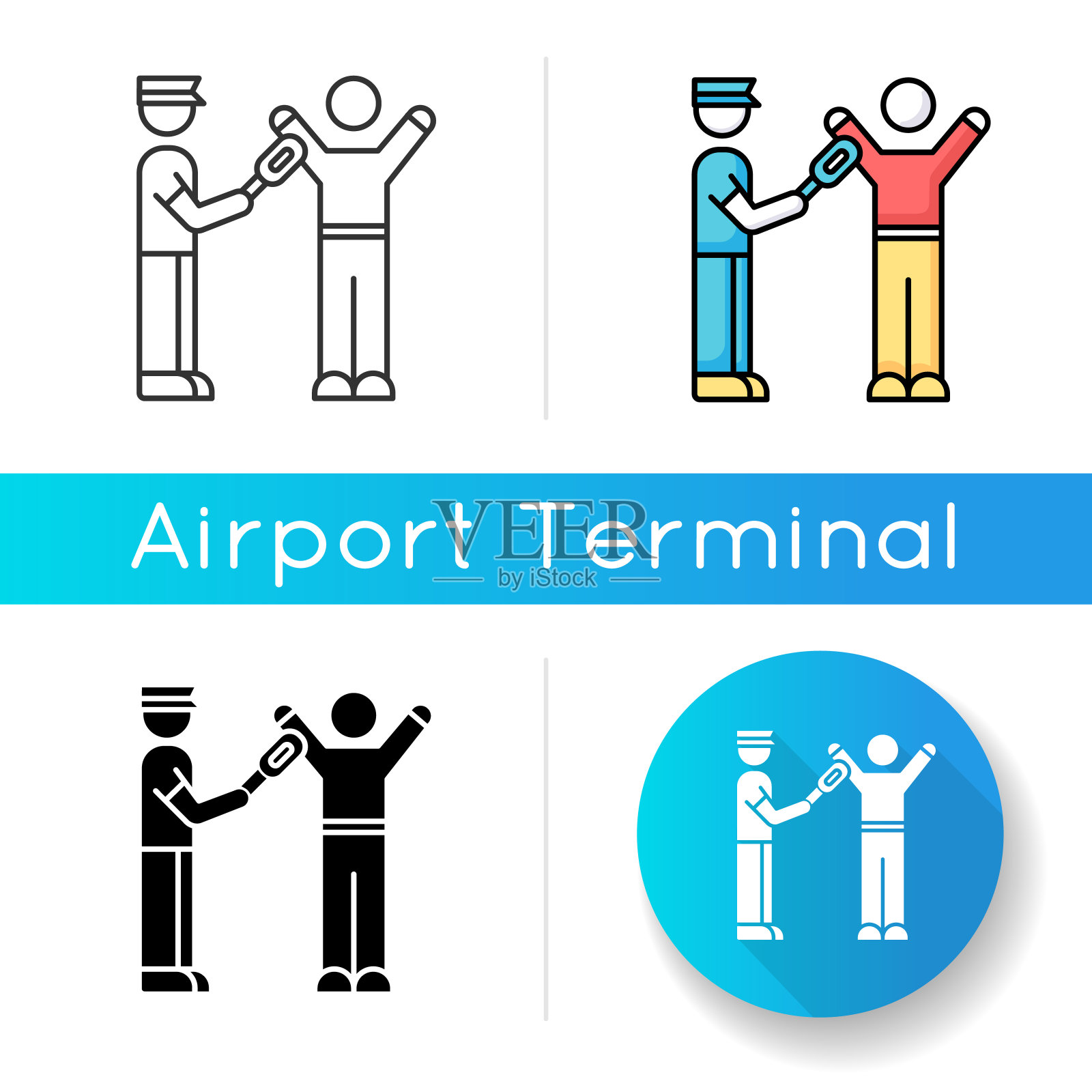 人体扫描图标。机场安检用金属探测器。旅客登机前检查。飞机上的走私预防措施。线性黑色和RGB颜色样式。孤立的矢量插图插画图片素材