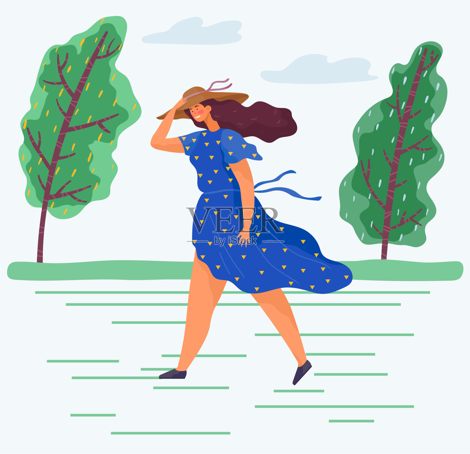 年轻女子在大风中穿过公园插画图片素材