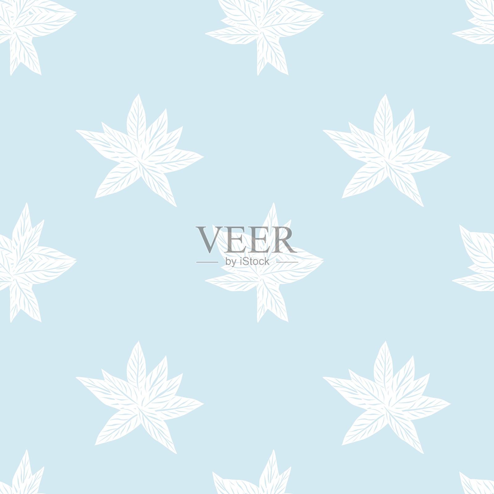 天蓝色热带叶子无缝图案背景插画图片素材